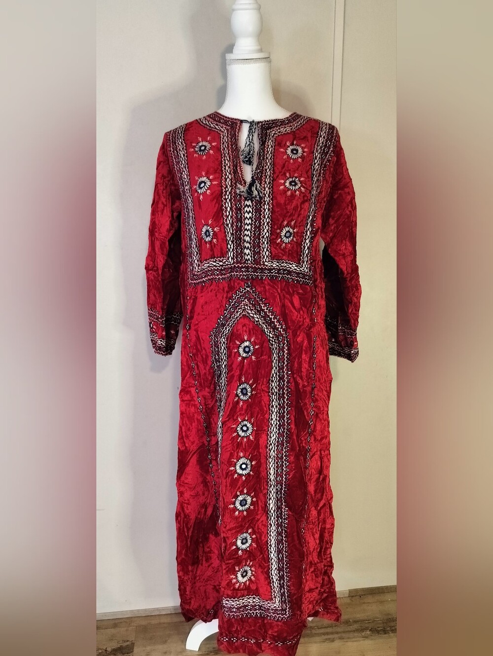 Long Red Embroidered Women’s Dress with Floral Motifs